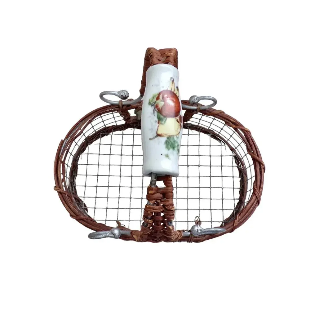 Cottage Farmhouse Style Wire Basket Ceramic Handle Apples & Pears